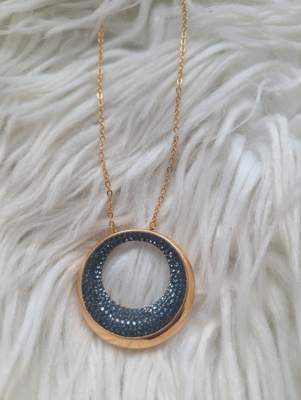 Swarovski Rose Gold-Tone Circle Necklace with Black Crystal Center- Great Condit